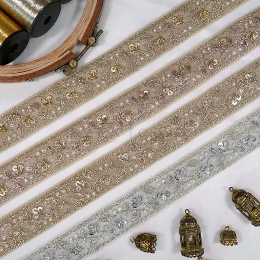 Glass Bead, Pearl & Sequence Fancy Metallic Yarn Lace with Continuous Leaf Pattern