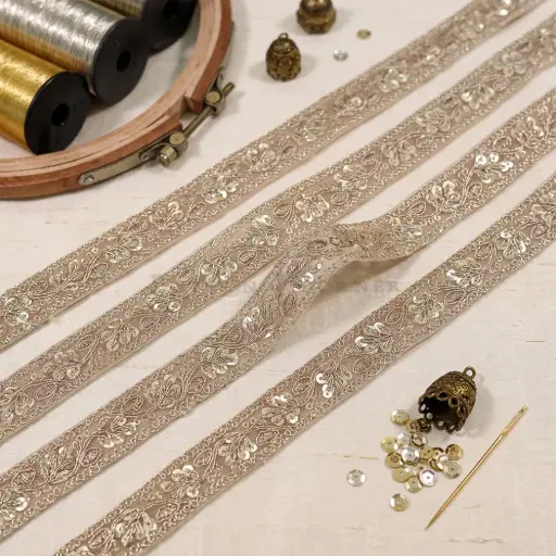 [FANL1874 GOLD] Double Side Border Sequence Metallic Yarn Fancy Lace