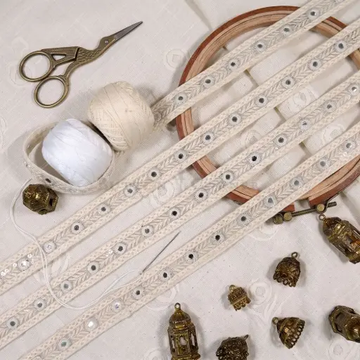 [EML497 CREAM] Double Side Border Foil Accent Sequence Net Embroidery Lace