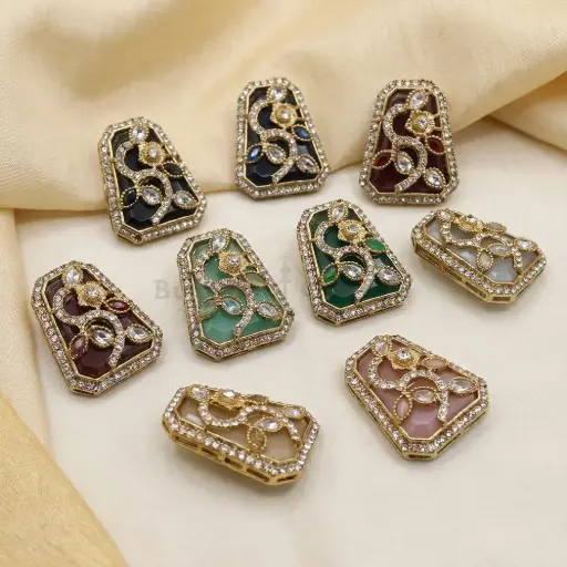 Crystal Leaf Pattern With Rhinestone Edges Fancy Kundan Button
