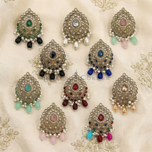 Imperial Teardrop Stone-Set with Pearl Hanging Drops, Fancy Kundan Button