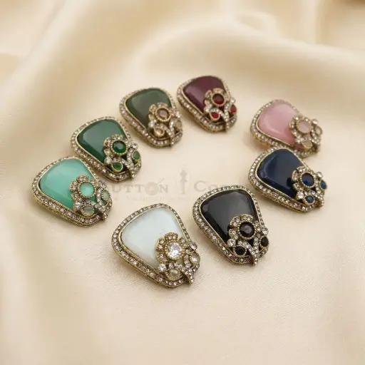 Curved Elaborate Filigree Style Fancy Kundan Button With Decorative Rhinestones
