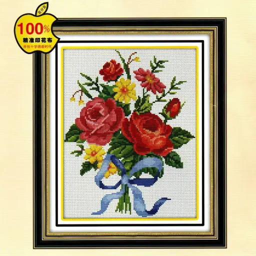 [MD-60174/G1037] Flower Bouquet with Blue Bow Embroidery Cross Stitch Kit