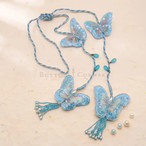 [23008 SKY BLUE] Sequenced Organza Butterfly Embroidered Tassel Cord with Hanging Beads