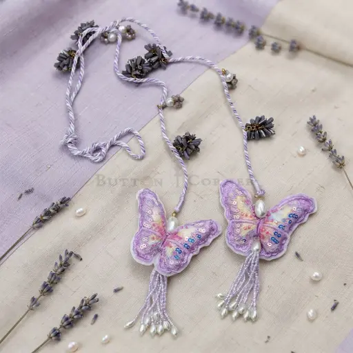 [23010 PURPLE] Decorative Bugle Bead & Pearl Embellished Tassel Cord with Embroidered Butterfly Tassel