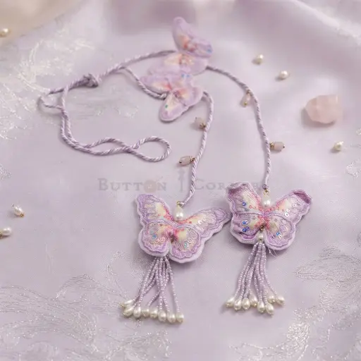 [23011 PURPLE] Sequenced Organza Butterfly Embroidered Tassel Cord with Hanging Beads