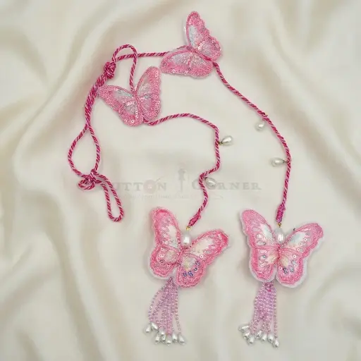 [23013 PINK] Sequenced Organza Butterfly Embroidered Tassel Cord with Hanging Beads