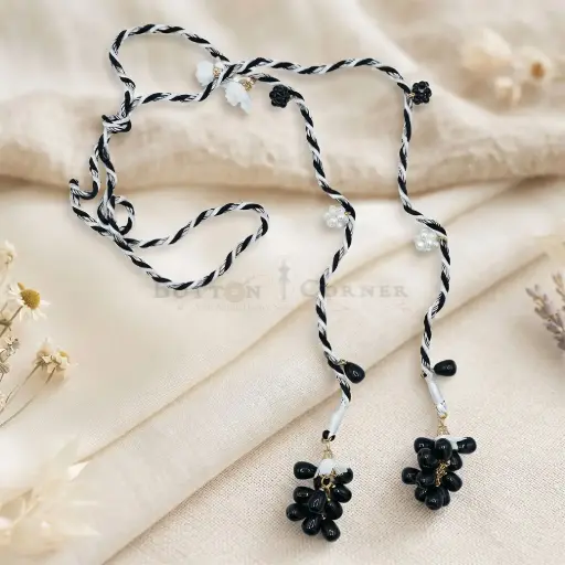 [23014 BLACK WHITE] Black & White Twister Tassel Cord with Floral Pearl Accents and Black Teardrop Cluster Hanging