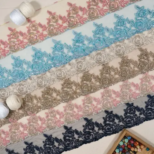 Blooming Flower Pattern Embroidery Thread Fancy Glass Bead & Sequence Lace