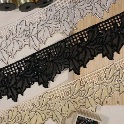 Geometric Floral Design Organza Lace with Stone Accents