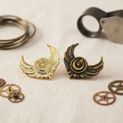 Crescent, Star & Gilded Feather Brooch Pin