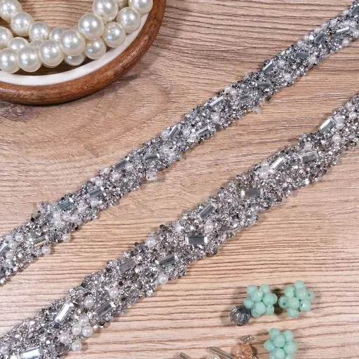 Sparkling Glass Bead & Rhinestone with Pearl Accents Stick-on Lace