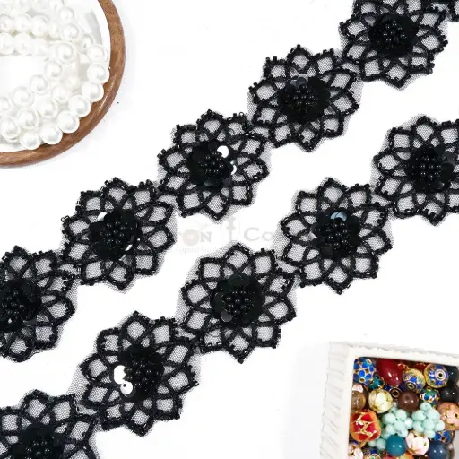 [PS2064 BLACK] Glass Bead Edge Blooming Flower Lace with Centre Sequence & Pearl Embellishment