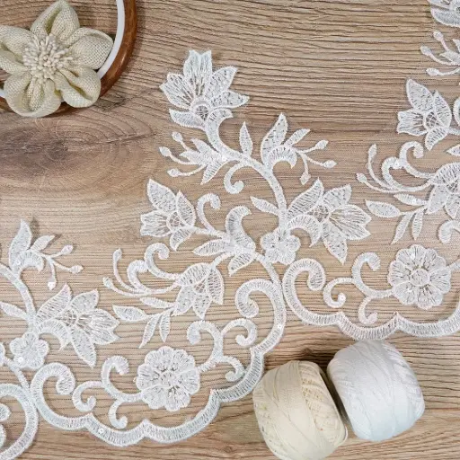 Vine Leaf Pattern Fancy Lace with Sequence & Glass Bead Embellishment