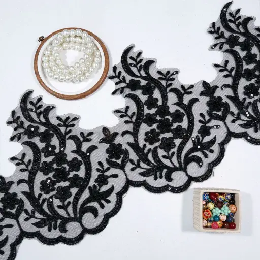 [SN1210-9 BLACK] Decorative Flowers & Leaves with Glass Bead Embellishment Fancy Lace