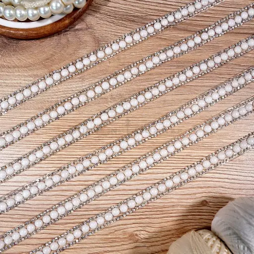 [LN1105-64 WHITE] Centre Pearl & Rhinestone Edge Fancy Stick-on Lace