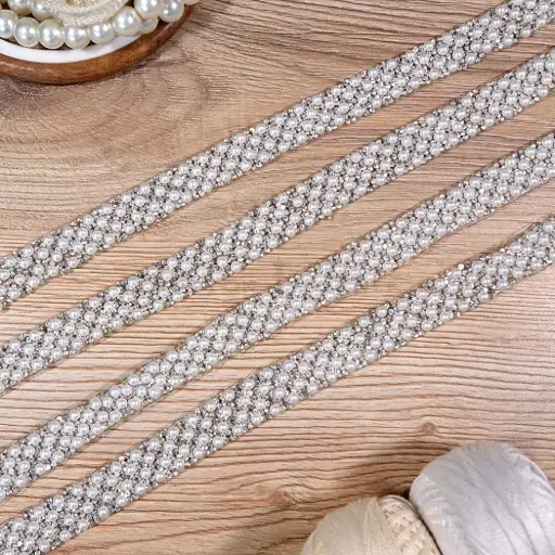 [NT-1208 WHITE] Pearl And Rhinstone Fancy Stick-on Lace