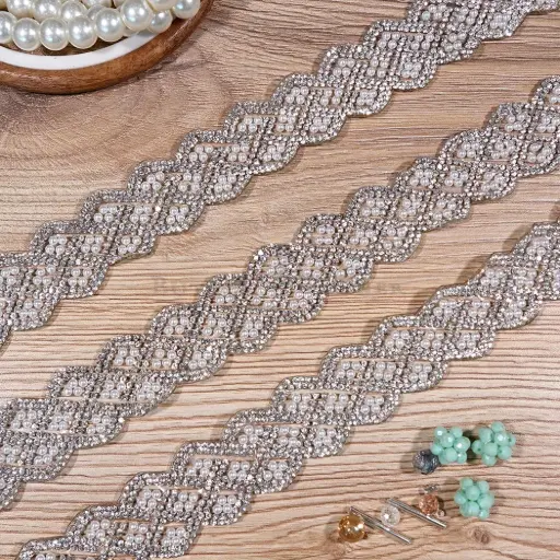 [SN1022-5 WHITE] Wave Edges with Decorative Pearl & Stone Embellished Centre Stick-on Lace