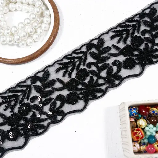 [JE417 BLACK] Wavy Border with Geometric Floral Pattern Fancy Glass Bead & Sequence Lace
