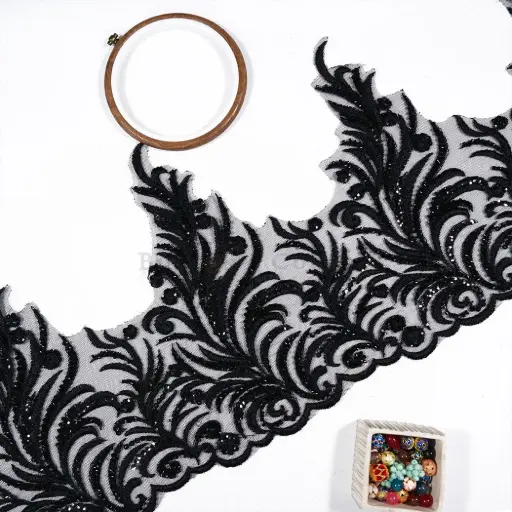 [SN1210-7 BLACK] Glass Bead & Sequence Embellishment Floral Pattern Fancy Lace