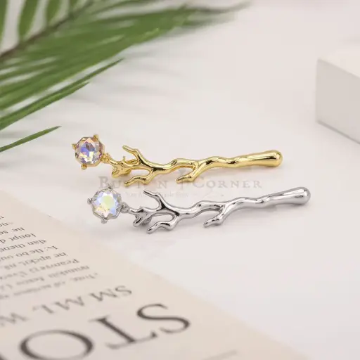 Twig Design Accented with a Dangling Faceted Crystal Stone Brooch