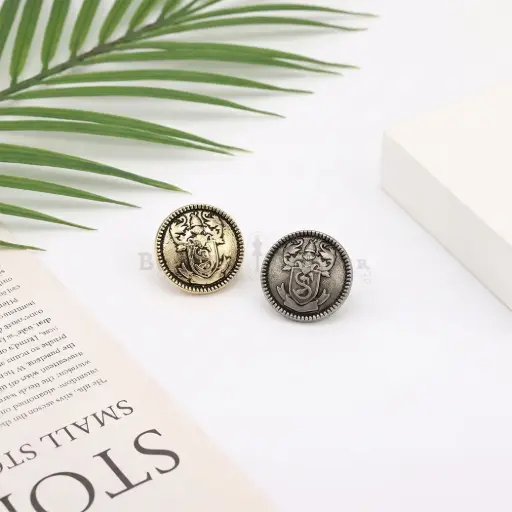 Embossed Shield & Crest Round Accent Shirt Button