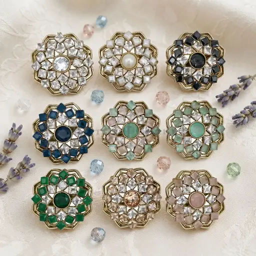 Geometric Blooming Flower Design with Rhinestone Embellishment Fancy Kundan Button