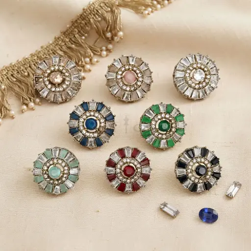 Gold Base Crown Shape with Decorative Rhinestone Accent Kundan Button
