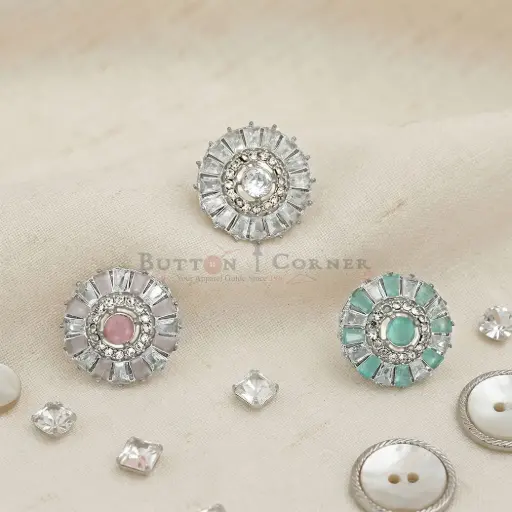 Silver Base Crown Shape with Decorative Rhinestone Accent Kundan Button