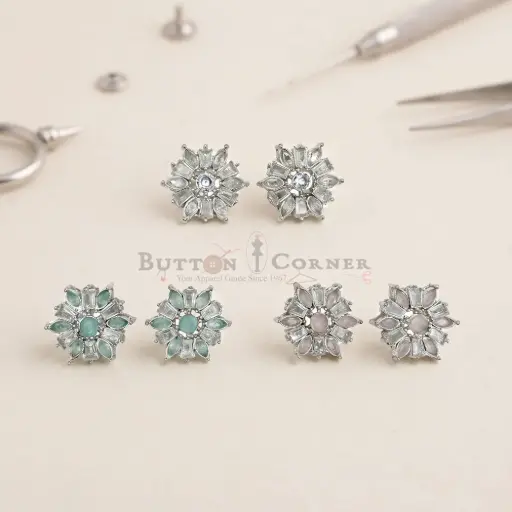 Silver Base Crystal Flower Embellishment Fancy Kundan Button