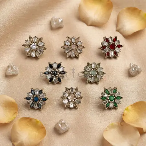 Gold Base Crystal Flower Embellishment Fancy Kundan Button