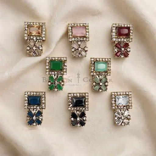 Gold Base Square Design with Flower Edge Crystal Embellishment Fancy Kundan Button