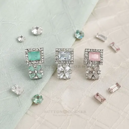 Silver Base Square Design with Flower Edge Crystal Embellishment Fancy Kundan Button