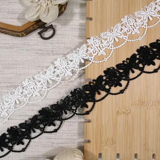 Butterfly & Flower Motif Shuttle Lace with Scallop Accent