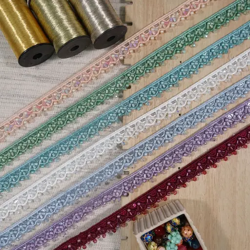 Embroidery Thread Glass Beads & Sequence Embellishment with Pearl Accent Fancy Lace