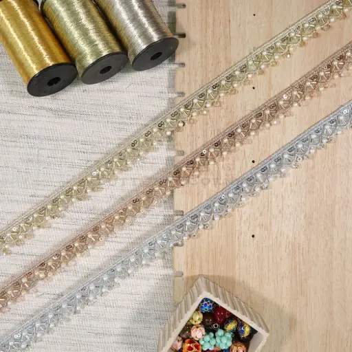 Metallic Yarn Glass Beads & Sequence Embellishment with Pearl Accent Fancy Lace