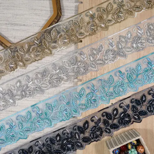 Decorative Leaf Pattern with Glass Bead Accent Fancy Lace
