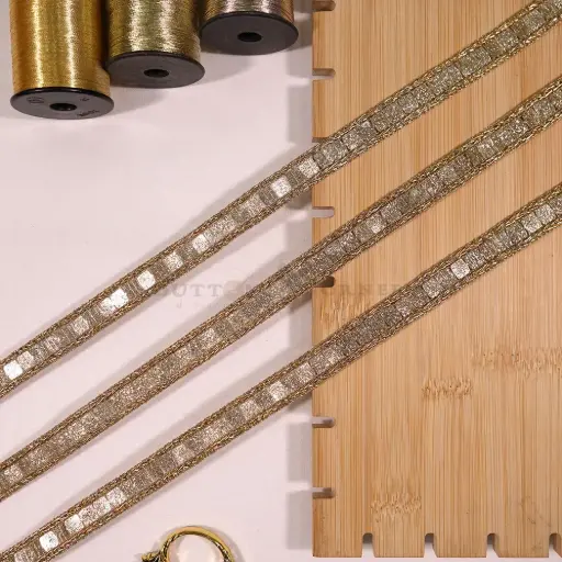 [GOTL834 GOLD] Shimmering Sequence with Dual Border Fancy Gota Lace