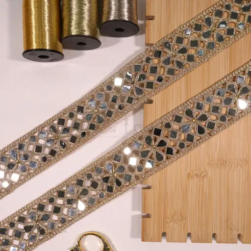 [FANL1879 GOLD] Geometric Mirror Accent with Metallic Yarn Borders Fancy Lace