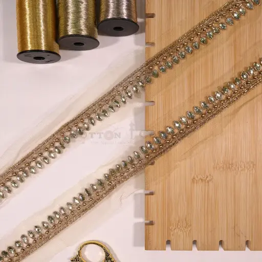 [KFL176 GOLD] Metallic Yarn with Glass Bead Edge & Hanging Stone Accent Fancy Kundan Lace
