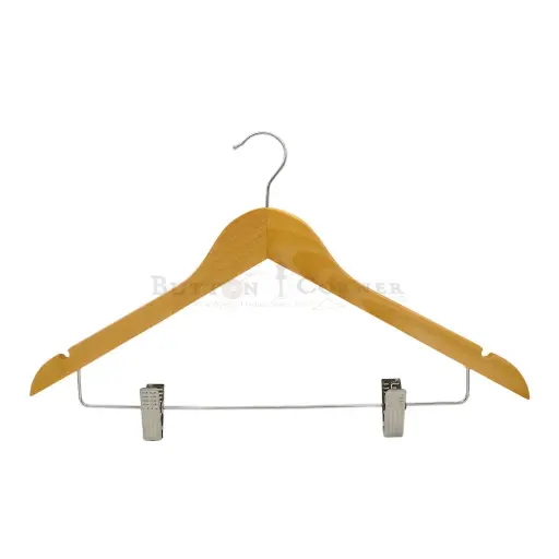 [45A-B NATURAL BROWN] Anti-Slip Design Wooden Shirt Hanger in Metal Trouser Bar with Adjustable Clip