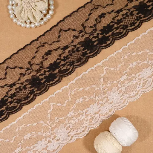Floral & Leaf Pattern with Mesh Edging Embroidery Net Lace