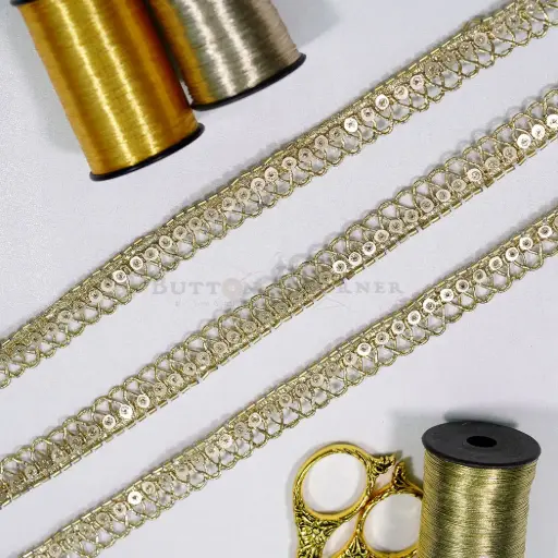 [FANL1884 GOLD] Glass Beads & Sequence Embellishment with Hanging Accent Fancy Lace