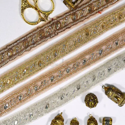 Glass Beads & Rhinestone Accent Fancy Metallic Yarn Lace