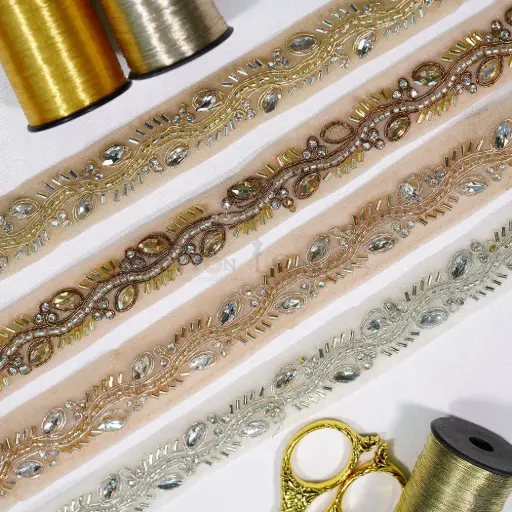Decorative Glass Bead & Stone Embellishment Fancy Metallic Yarn Lace