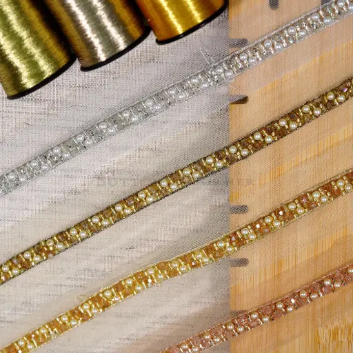 Glass Beads with Pearl Embellishment Fancy Metallic Yarn Lace