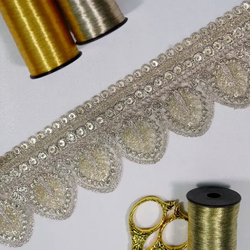 [FANL1904 ROSE GOLD] Scallop Edge with Sequence Embellishment Metallic Yarn Sequence Lace