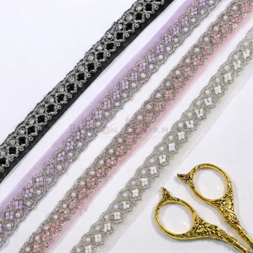 Silver Metallic Yarn Glass Beads, Sequence & Pearl Embellishment Fancy Lace