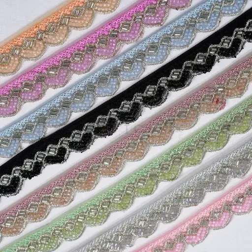 Fancy Metallic Yarn Lace with Glass Beads Accent