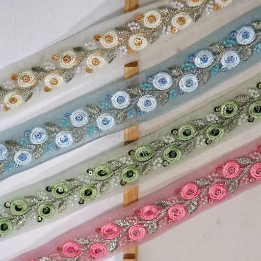 Floral Design with Glass Beads & Sequence Embellishment Fancy Metallic Yarn Lace
